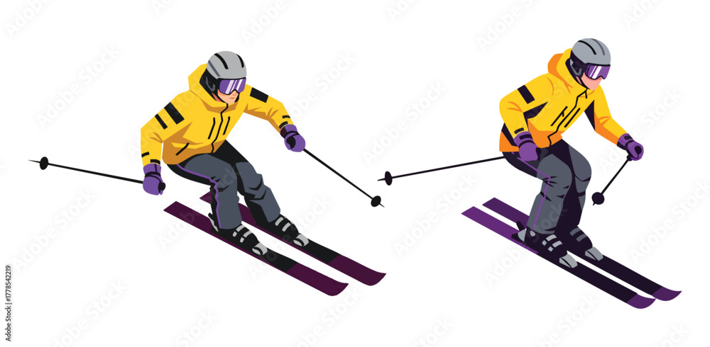 Obraz premium Dynamic skier carving down mountain slope in bright yellow jacket, embodying adventure and energy, perfect for winter sports marketing campaigns