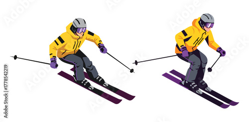 Dynamic skier carving down mountain slope in bright yellow jacket, embodying adventure and energy, perfect for winter sports marketing campaigns