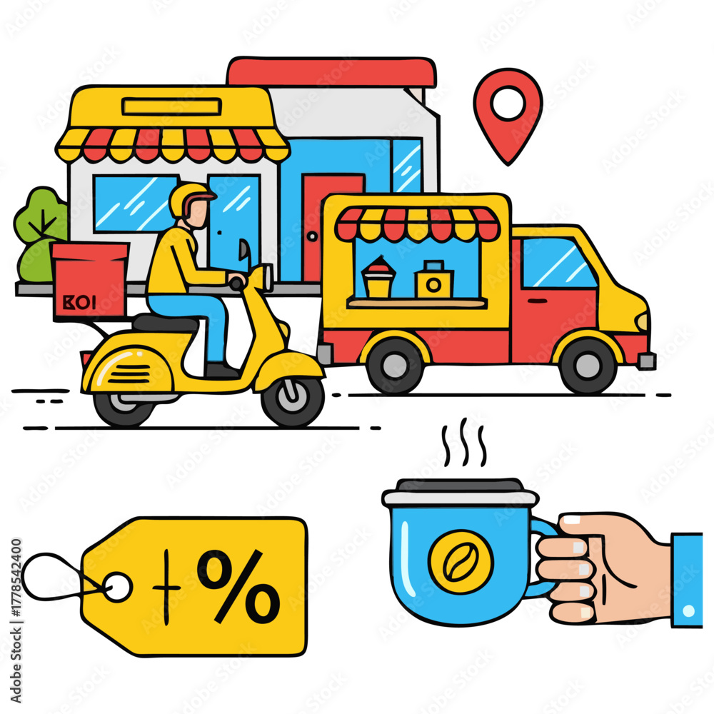 Fototapeta premium Illustration of food delivery, coffee, and a discount tag.