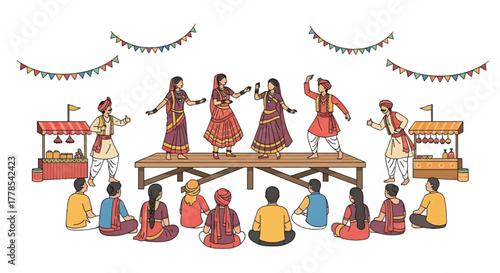 Illustration of people sitting and watching traditional dancers perform on a stage with colorful decorations and food stalls.