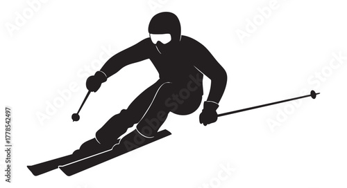 Dynamic skier carving downhill with speed and precision on a snowy mountain slope, embodying winter sports fun and outdoor adventure, perfect for action designs
