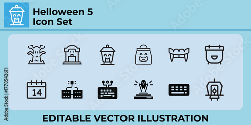 Halloween spooky vector icons: tree, tomb, lantern, fangs, bag, ghost
