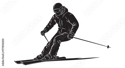 Dynamic skier carving down the slopes with speed and grace, perfect for winter sports, outdoor adventure, and active lifestyle promotions