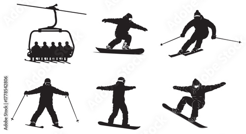 Dynamic silhouette scene of skiers and snowboarders enjoying winter sports adventures on a snowy mountain, riding a ski lift for a thrilling experience