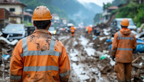 Rescue worker in orange gear surveys mudslide-ravaged town with damaged cars and homes