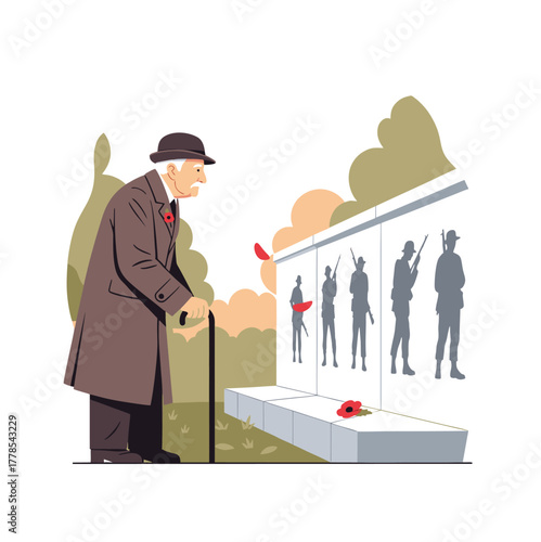 Illustrated Elderly Man at Memorial Wall Remembering Fallen Soldiers on Remembrance Day