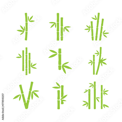 Collection of green bamboo stalks and leaves icons