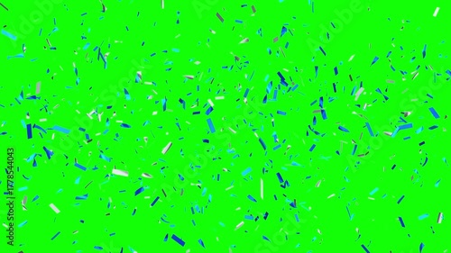 Animation of beautiful sparkling blue confetti on a green background.