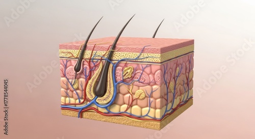 Human Skin Layers, Dermatological Anatomy Illustration Showing Hair Follicles, Glands, and Nerves