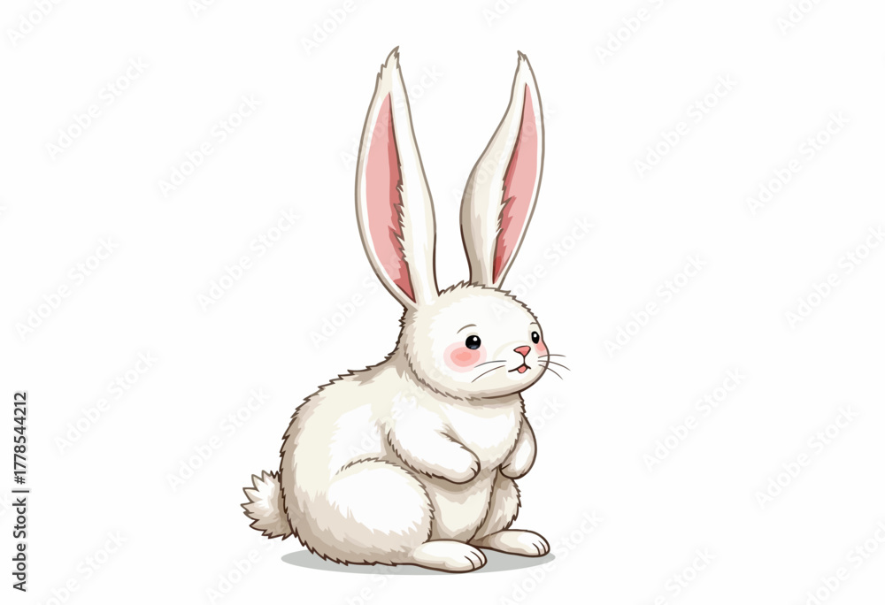 Fototapeta premium Charming illustration of a fluffy white rabbit with large ears and pink cheeks sitting against a plain white background, embodying innocence and playfulness
