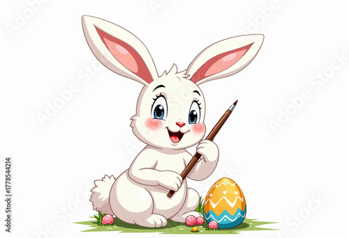 Adorable Easter Bunny Happily Painting Colorful Egg with Brush Amidst Small Flowers on Fresh Green Grass