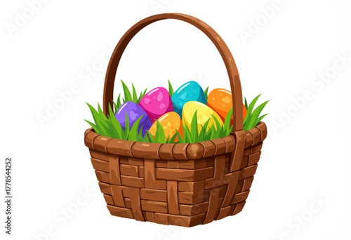 Colorful Basket Overflowing with Vibrant Eggs Nestled in Lush Green Grass Symbolizing Joyful Spring Celebrations and Easter Festivities