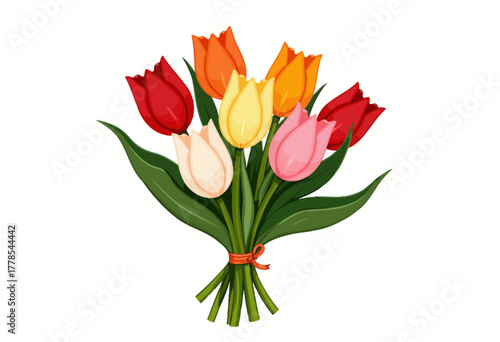 A Vibrant Bouquet of Multicolored Tulips Showcases Nature's Spectrum of Beauty and Elegance, Highlighted Against a Pristine White Background