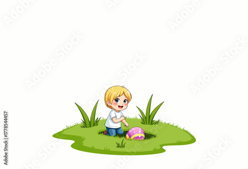 Young child joyfully discovers a colorful egg nestled in a grassy patch surrounded by vibrant green foliage on a bright, sunny, and cheerful day outdoors
