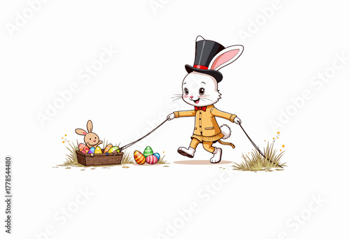 Charming White Rabbit in Top Hat Joyfully Skipping Next to Basket Filled with Colorful Easter Eggs and Plush Toy Bunny Amidst Spring Grass