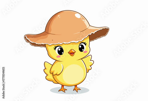 Adorable Cartoon Yellow Chick Wearing a Large Brown Hat with a Cute Expression and Blushing Cheeks on a Simple White Background