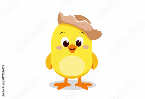 Cheerful Cartoon Chick with Eggshell Hat Standing Joyfully on White Background