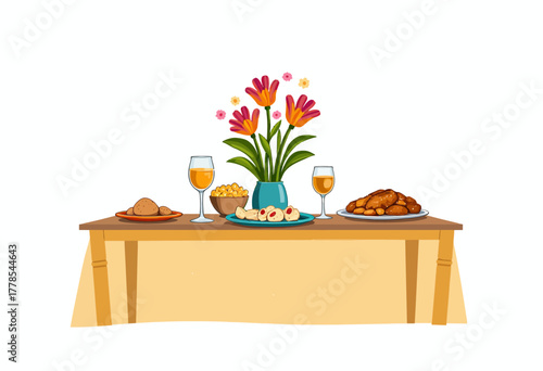 Colorful Floral Centerpiece on a Festive Dining Table Accented by Elegant Drinks and Delicious Pastries for a Warm and Inviting Gathering Experience
