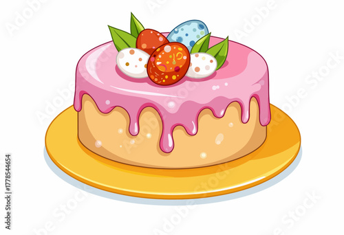 Colorful Illustrated Cake with Dripping Pink Icing and Decorative Eggs on Yellow Plate