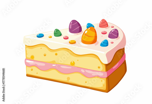 Vibrant Slice of Layered Cake Adorned with Colorful Icing and Decorative Candy Pieces on a Whimsical Frosted Background