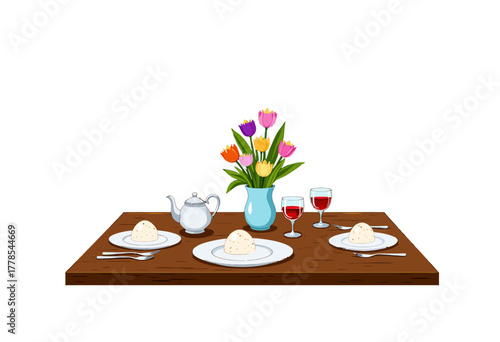 Elegant dining setup showcasing a wooden table with fine dinnerware, elegant teapot, vibrant tulip centerpiece, complemented by red wine glasses for a sophisticated meal