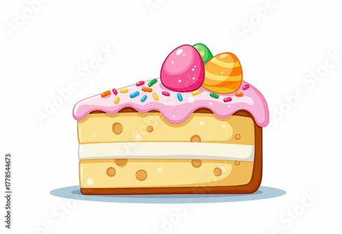 Colorful Easter-Themed Cake Slice with Pastel Icing, Candy Eggs, and Sprinkles on a White Background Illustrating Festive Dessert Traditions