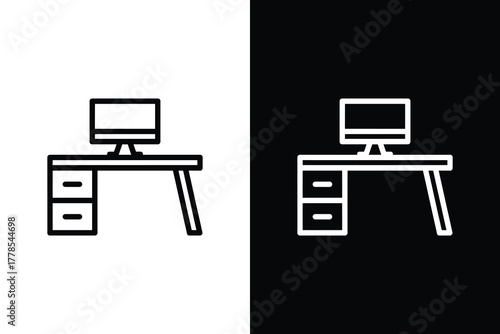 Computer desk icon vector, Office workspace furniture outline