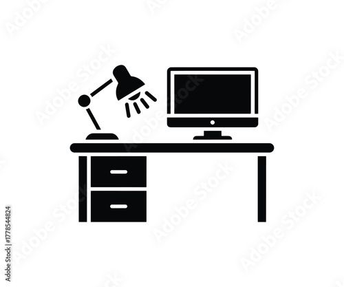 Modern office desk icon with computer and lamp silhouette