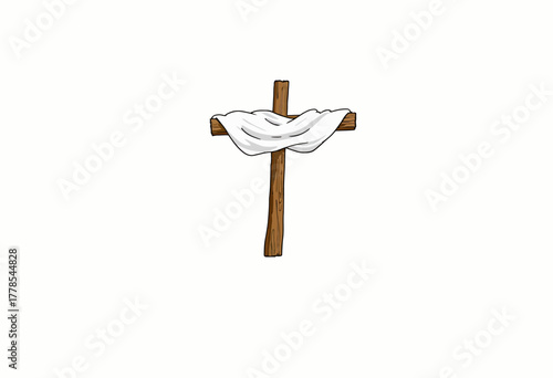 Illustration of a Wooden Cross Draped with White Fabric against a Minimalist White Background Representing Faith and Spirituality