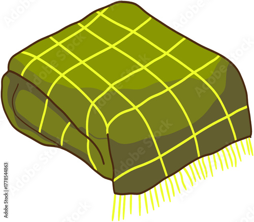 Soft and Warm Folded Olive Green Blanket with Bright Yellow Plaid Pattern, Perfect for Cozy Home Decoration and Comfortable Relaxation During Cooler Seasons