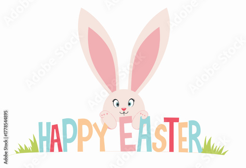 Illustration of a Cute Bunny Peeking Over Colorful Block Letters Spelling 'Happy Easter' with Green Grass at the Base