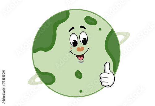 Smiling Cartoon Planet with Green Landmasses Giving a Thumbs Up Gesture Depicting Positivity and Environmental Awareness