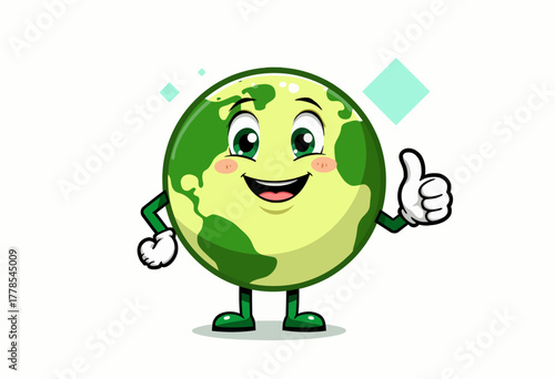 Smiling Cartoon Earth Character Giving Thumbs Up with Cheerful Expression and Vibrant Green Colors on White Background
