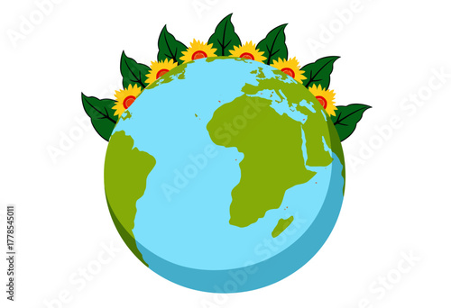 Illustration of the Earth Surrounded by Vibrant Sunflowers and Green Leaves Symbolizing Global Environmental Harmony and Nature Conservation