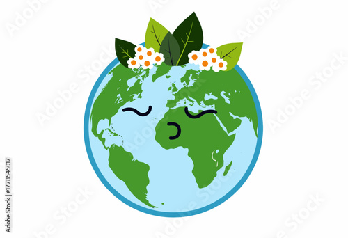 Illustration of a Peaceful Earth with Eyes Closed, Adorned with Green Leaves and White Flowers Representing Harmony and Environmental Consciousness