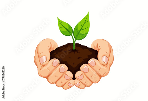 Hands Gently Cradling Rich Soil and Vibrant Green Seedling Symbolizing Growth, Nurturing, and Environmental Care in a Minimalistic Illustration