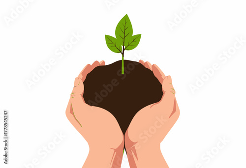 Illustration of Two Hands Gently Cradling a Young Green Seedling in Rich Soil Symbolizing Growth, Nurture, and the Promise of a Sustainable Future