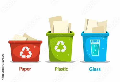 Illustration of three bins for sorting and recycling paper, plastic, and glass materials emphasizing environmental conservation and waste management practices