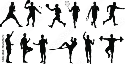 Silhouette sports icons, fitness exercise poses, soccer basketball tennis baseball yoga weightlifting activities, athlete training illustration, active lifestyle vector