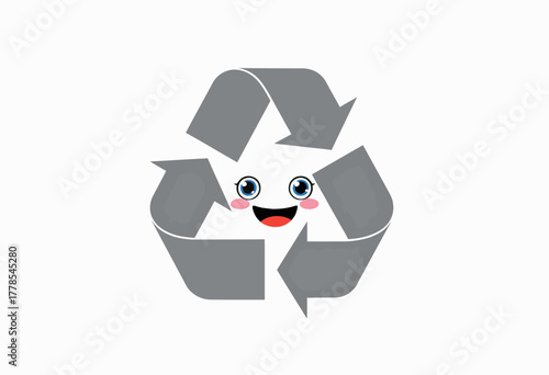 Playful cartoon illustration of cheerful recycling symbol with smiling face and blue eyes promoting sustainability and environmental awareness