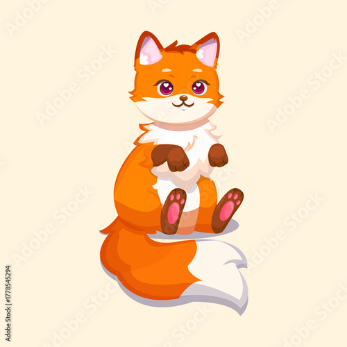 Cute fox sitting calmly with sweet expression in adorable cartoon design.