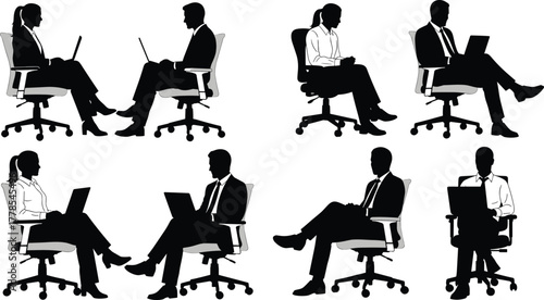 Eight diverse business people silhouettes, men and women working on laptops, sitting in office chairs, essential resource for remote work, corporate, and technology themes, isolated white background