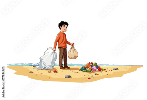 Young Volunteer Enthusiastically Collects Litter on a Sandy Beach As Part of Community Environmental Cleanup to Protect Marine Life and Preserve Natural Beauty