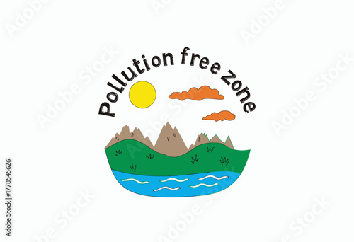 Illustration Depicting a Pollution-Free Zone with Mountains, River, and Clear Sky Promoting Environmental Conservation and Natural Beauty