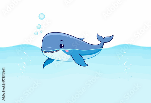 Adorable Cartoon Whale Joyfully Swimming with a Bright Smile in Clear Blue Ocean Water Surrounded by Bubbles and Gentle Waves
