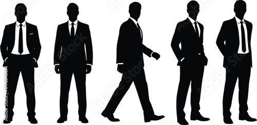 Executive businessman silhouettes set, five figures in professional suits, black shadow graphic, ideal resource for corporate, financial, and management concepts, isolated on white background vector.