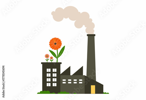 Illustration of an Industrial Factory Merging Environmental Sustainability with Nature Through Flowers and Smoke