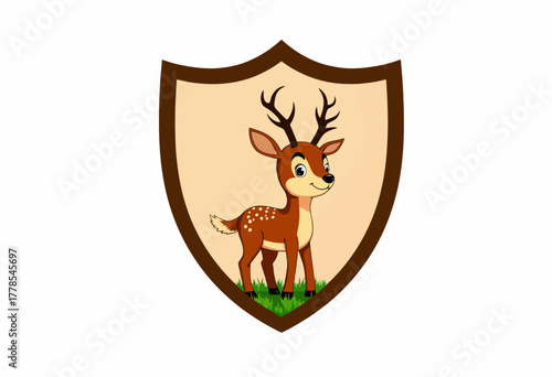 Illustration of a Cartoon Deer with Antlers Standing on Grass Enclosed in a Decorative Shield Emblem
