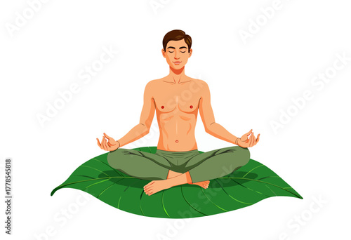 Illustration of a Peaceful Meditation Pose: Man Practicing Yoga on a Large Green Leaf with a Serene Expression and Crossed Legs in Lotus Position