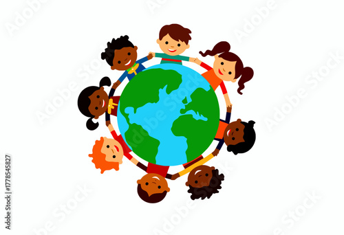 Illustration of Diverse Children Holding Hands Around the Globe Representing Unity and Global Friendship Across Different Cultures and Ethnicities